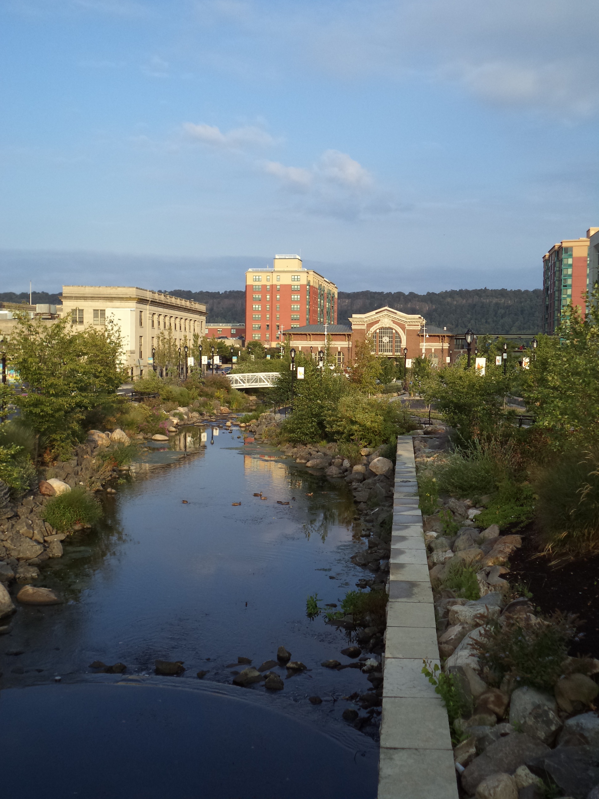 The daylighted Saw Mill River flowing through Van der Donck Park in Yonkers, New York